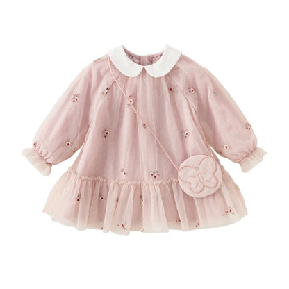 Mesh Floral Princess Dress Girls Baby Children 2025 New Autumn Sweet Charm Pink Fashion Long Sleeved Dress DB3242681