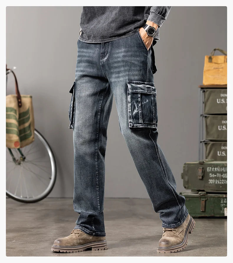 Autumn and winter new styles Men's Outdoor Wide Leg Workwear Multi-Pocket Jeans Straight fit plus size men's jeans  42 44