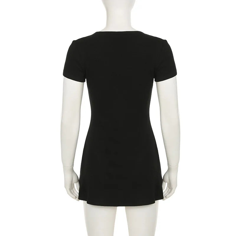 Summer Novelty Elegant Knitted Strapless Mini Dress For Women Short Sleeve V-Neck And Buttons Dresses Women's Street Clothing Ne
