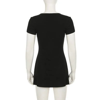 Summer Novelty Elegant Knitted Strapless Mini Dress For Women Short Sleeve V-Neck And Buttons Dresses Women's Street Clothing Ne