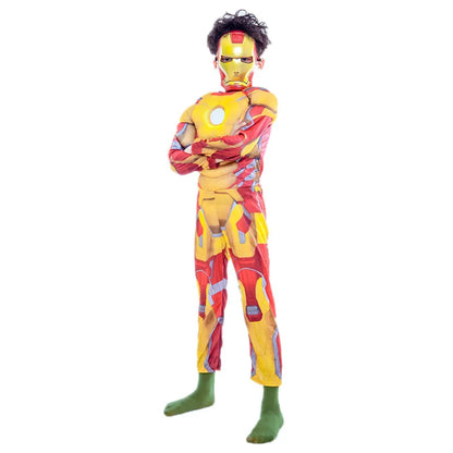 Kids Yellow Iron  Costume Superhero Muscle Suit with Mask Role Play Costume for Halloween Christmas Party Performance