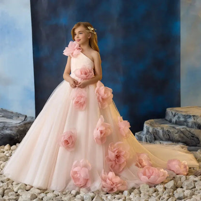Customized Flower Girl Dress Pink Tulle Flowers Single Shoulder For Wedding Birthday Party Holy Communion Banquet Princess Gown