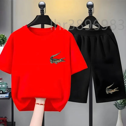 Summer Tees African crocodile print Set Suitable Children Short Sleeve Age 3-12 Girls boy Set Tshirt+Shorts 2pcs Kids clothing