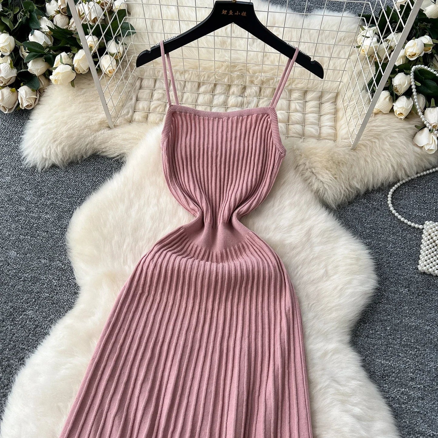 Knitted Pleated Long Dress High Waist Midi Sling Dress Elegant Sleeveless Yellow Dress Women Streetwear Black Bodycon Dress