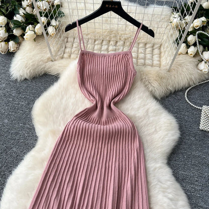 Knitted Pleated Long Dress High Waist Midi Sling Dress Elegant Sleeveless Yellow Dress Women Streetwear Black Bodycon Dress