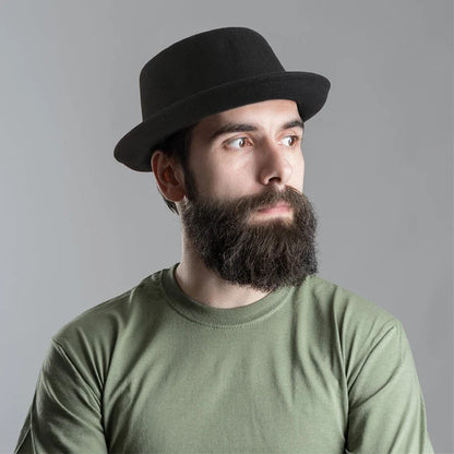 100% Wool Pork Pie Fedora Hat for Women Men Autumn Winter Felt Curved Brim Porkpie Hat