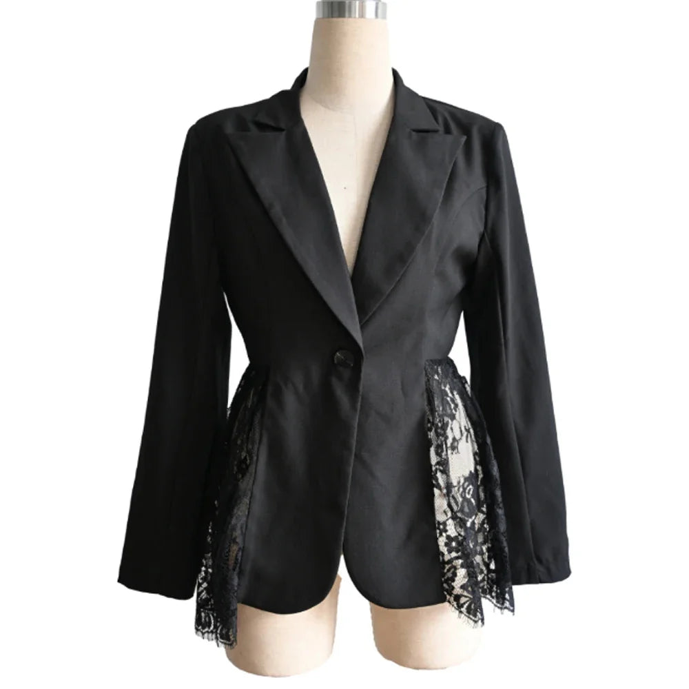 Women Color Block Blazer Lace Waist Slim Fit Office Suit Blazer Coat