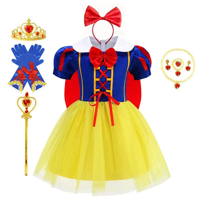 Girl Cosplay Disney Snow White Dress Kids Gown With Cloak Headband Children Princess Dress Up Costume Halloween Party Outfits