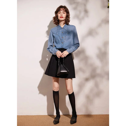 2024 Spring and Autumn Small Collar Wave Split Denim Shirt Fashion Rivet Decoration Long Sleeve Women's Shirt