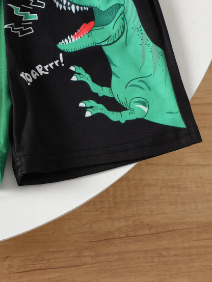 Summer Boys Clothes Set Dinosaur Print Color Block T-shirt Shorts 2Pcs 1-8 Years Toddler Kids Breathable Sporty Casual Outfit