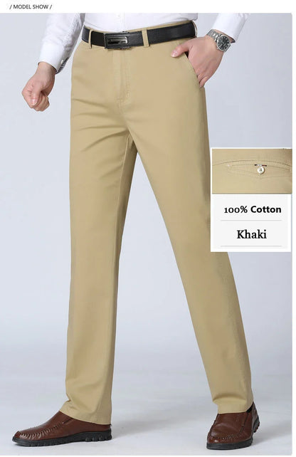 Men's Spring Autumn 100% Cotton Middle-aged Business Trousers Straight Slacks High Waist Dad's Thin Thick Casual Male Suit Pants