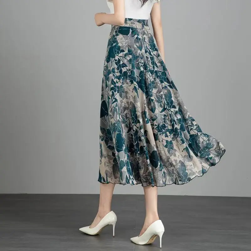 Women's Floral Print Chiffon Maxi Skirt High Waist A-line Casual Summer Skirt
