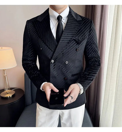 Autumn Winter New Velvet Suit Jacket Men Double-Breasted Striped Slim Fit Casual Coats High Quality Formal Business Tailcoat