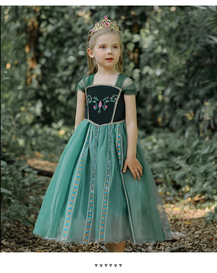 Girls' Summer Anna Frozen Baby Dress Child Green Dress Up Halloween Costume for Kids Princess Party Cosplay Dresses 2 to 8 Years