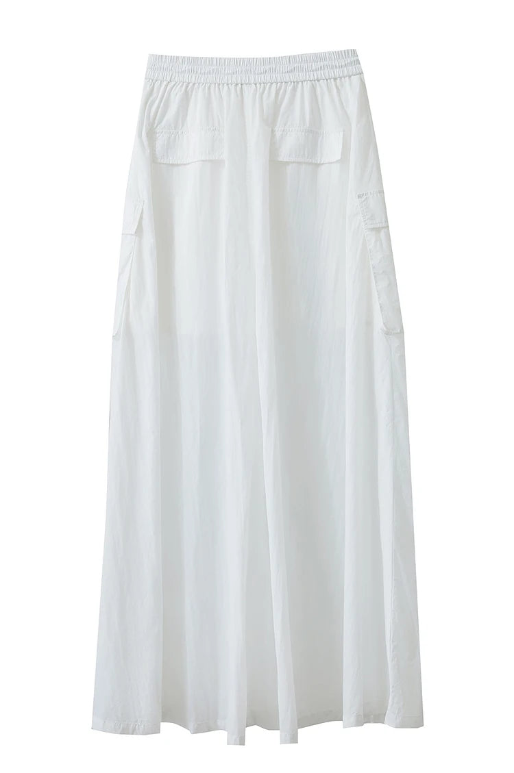Vacation Long Skirt 2025 Summer Women Loose Sun Protection Office Lady Solid Pockets Elastic Waist Cord Slit Skirt 12542106