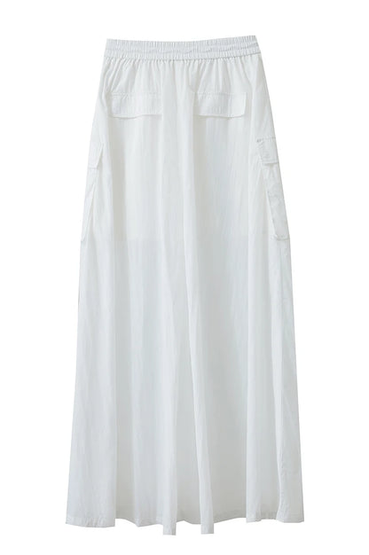 Vacation Long Skirt 2025 Summer Women Loose Sun Protection Office Lady Solid Pockets Elastic Waist Cord Slit Skirt 12542106