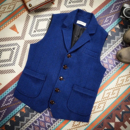 Men Vest Royal Blue Steampunk Formal Male Ethnic Herringbone Wool Tweed Vintage For Wedding Business Banquet Waistcoat