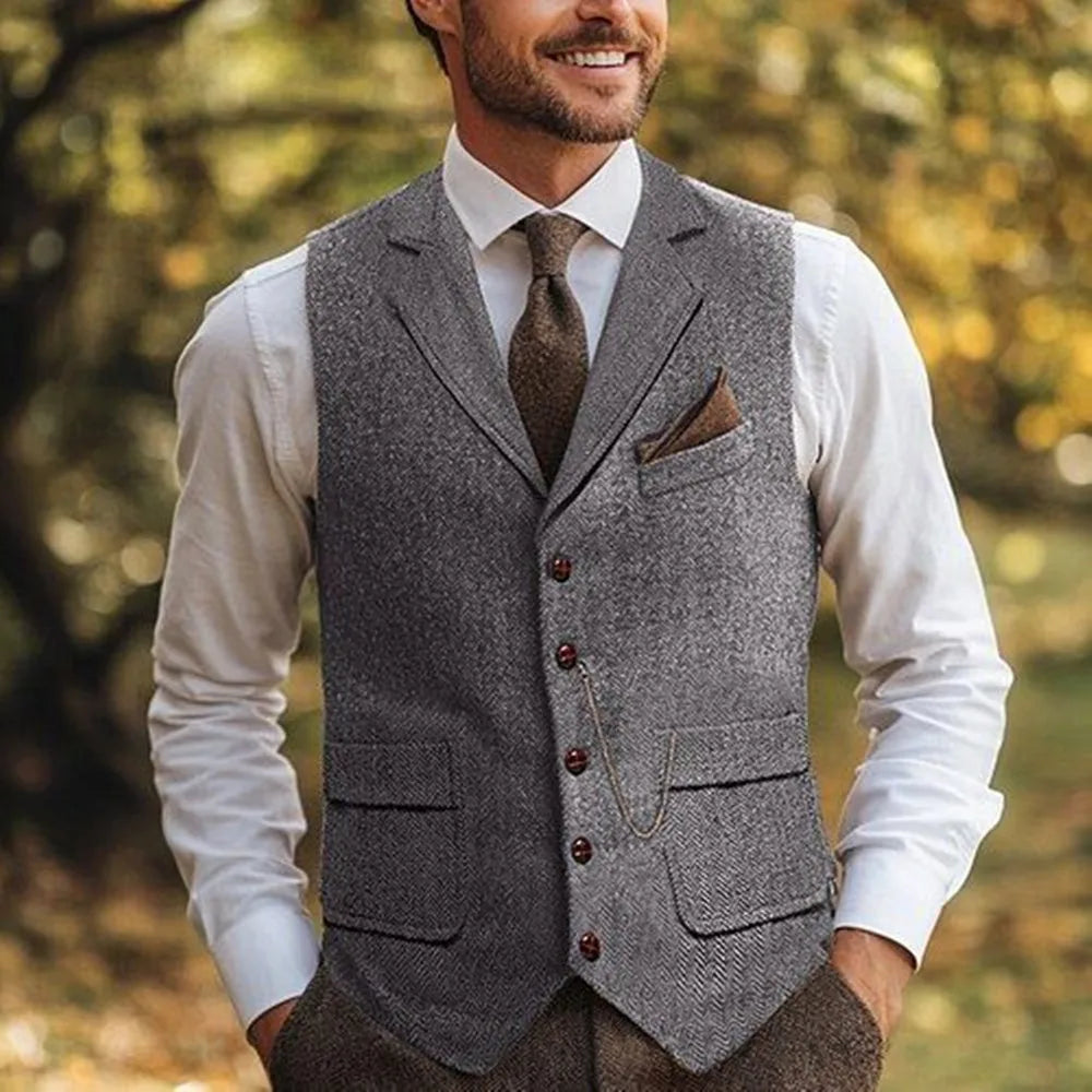 Lapel Neck Single Breasted Herringbone Vest 3 Real Pocket Wedding Slim Fit Waistcoat For Men