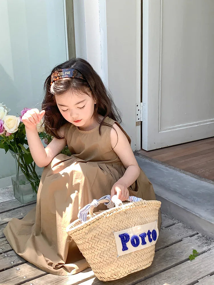 2026 New Summer Children Girls Sleeveless Dress Teen Solid Color Cotton Loose Casual Sundress Kids Vacation Style Princess Dress