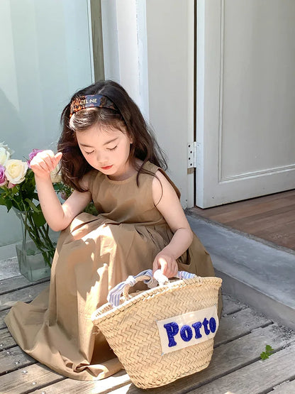 2026 New Summer Children Girls Sleeveless Dress Teen Solid Color Cotton Loose Casual Sundress Kids Vacation Style Princess Dress