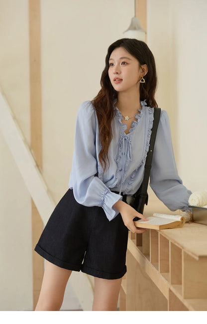 100% Lyocell Women's Blue Shirt 2025 Autumn French Ruffles Long Sleeves Ties Blouse Office Lady Elegant Top MXE45X2484