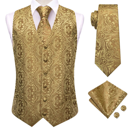 Fashion Silk Vest For Men Classic Gold Champane Yellow Waistcoat Jacket Tie Hankerchief Cufflinks Sets Dress Suit Wedding Hi-Tie
