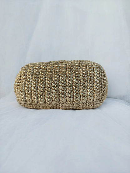 Yingzi Silver Cloth Strip Crochet Clip Bag Woven Underarm Bag Metallic Lustre Clutch Large Size Bag