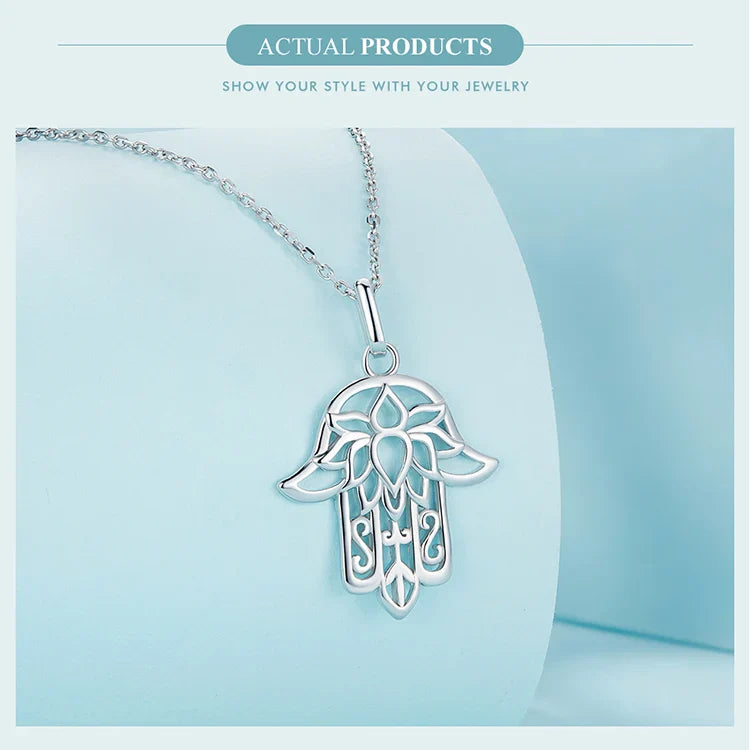 925 Sterling Silver Guardian Fatima's Hand Pendant Necklace Flower Pattern Neck Chian for Women Platinum Plated SCN490