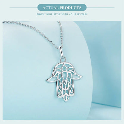 925 Sterling Silver Guardian Fatima's Hand Pendant Necklace Flower Pattern Neck Chian for Women Platinum Plated SCN490