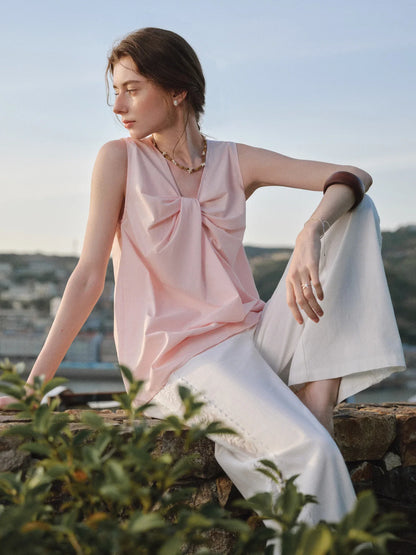 Korean Style Twisted Sleeveless Shirt Female 2025 Summer New V-neck Slim Cotton Pink Top 25FS12743