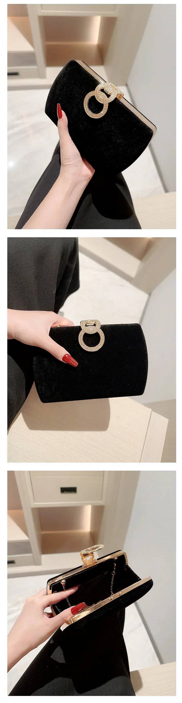 Ladies Autumn Winter Velvet Box Dinner Bag Sparkly Rhinestone Decoration Banquet Bag Clutch Evening Dress Bag Party