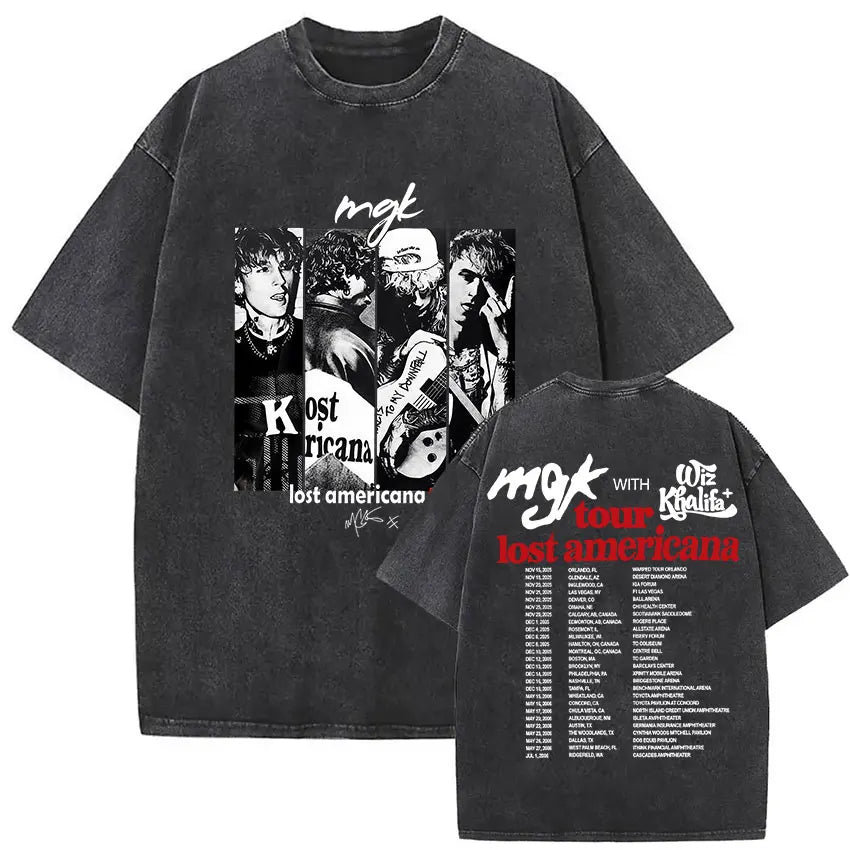 MGK Lost Americana Tour 2025-2026 Vintage Washed T Shirt Men Women Summer Fashion Cotton Short Sleeve T-shirt Fans Gift Clothing