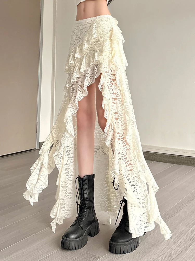 Women Tassel Skirt Irregular Hem Multi Layered Ruffles Lace Patchwork Sweet Summer Daily Wear Skinny Versatile Purple Skirt