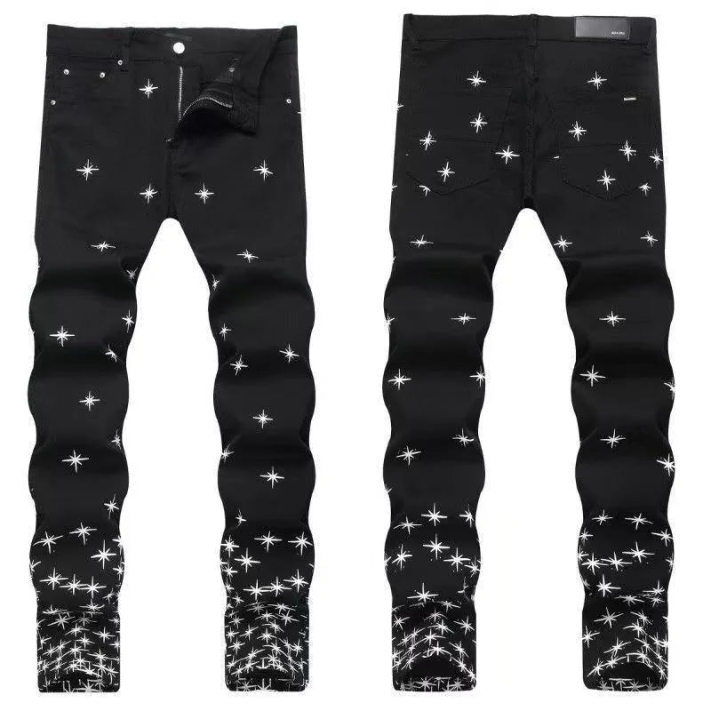Autumn and Winter Fashion Trend Print Retro Straight Tube Elastic Men's Denim Pants Casual Sports Comfortable High-Quality Jeans