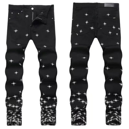 Autumn and Winter Fashion Trend Print Retro Straight Tube Elastic Men's Denim Pants Casual Sports Comfortable High-Quality Jeans