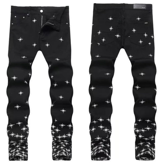 Autumn and Winter Fashion Trend Print Retro Straight Tube Elastic Men's Denim Pants Casual Sports Comfortable High-Quality Jeans