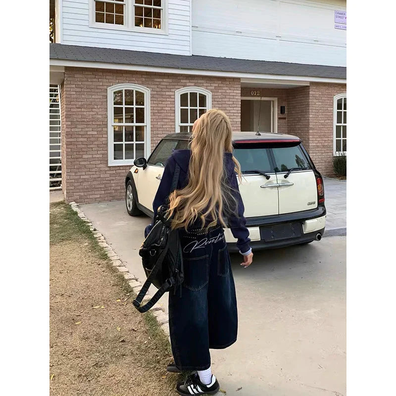 Blue Women's Retro Y2K 2000s Wide Leg Baggy Casual Denim Trouser High Waist Loose Jeans 2024 Autumn Harajuku Full Length Pants