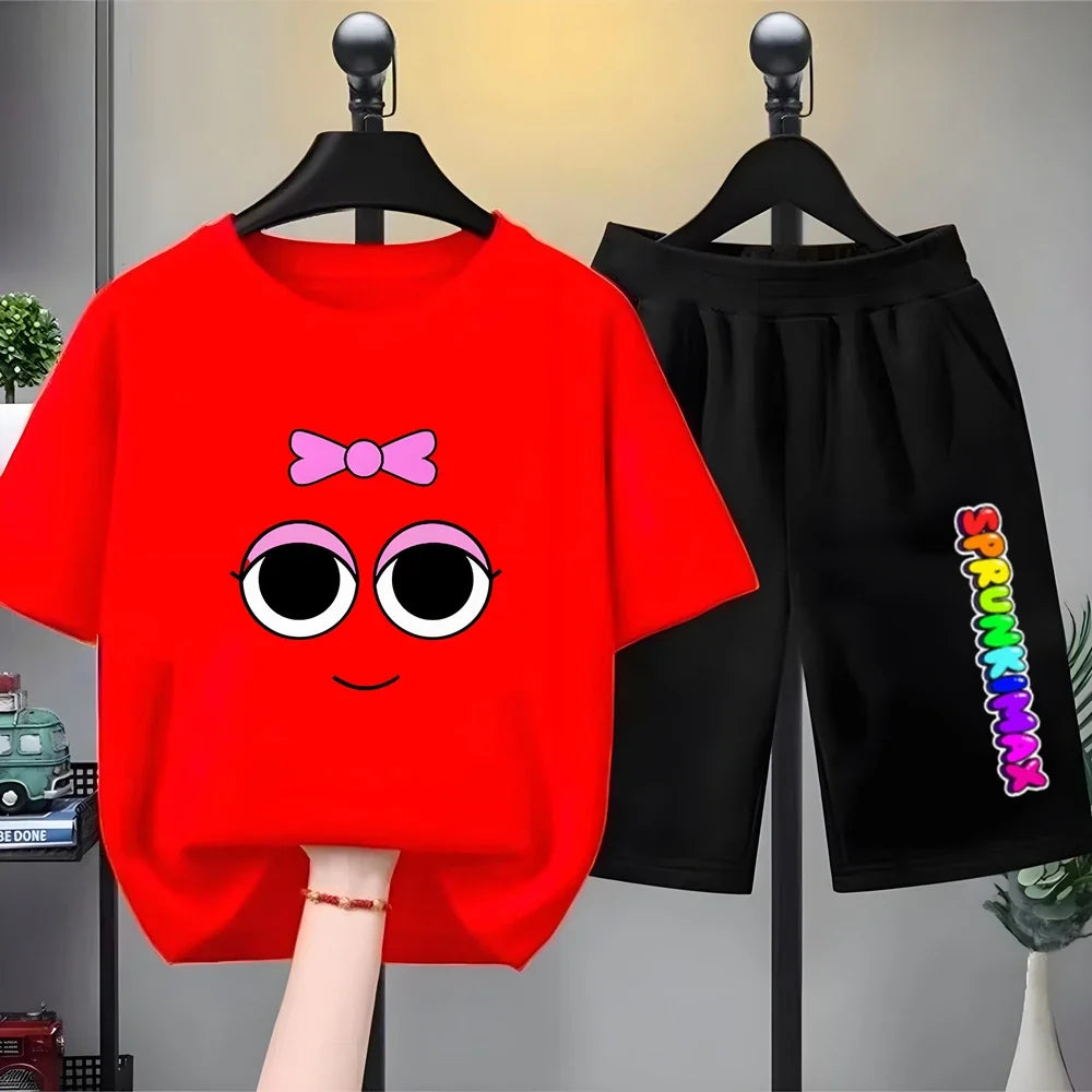 Summer Boys Girls Age 3-12 Tee+Shorts Suit Children Short Sleeve T-Shirts Child Casual Pink Black Clothes Sprunki Graphics