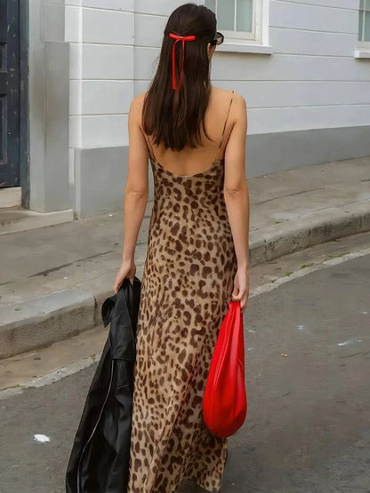 Leopard Print Dress Woman Summer Sexy Swing Collar Spaghetti Straps Backless Ruffles Party Clubwear Skinny Vestidos