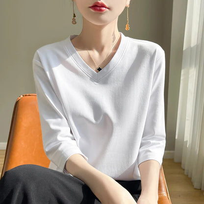 Spring And Summer New Cotton V-neck T-shirt Short-Sleeved Women's Half-Sleeve Bottoming Shirt High-End Cropped Sleeve Top