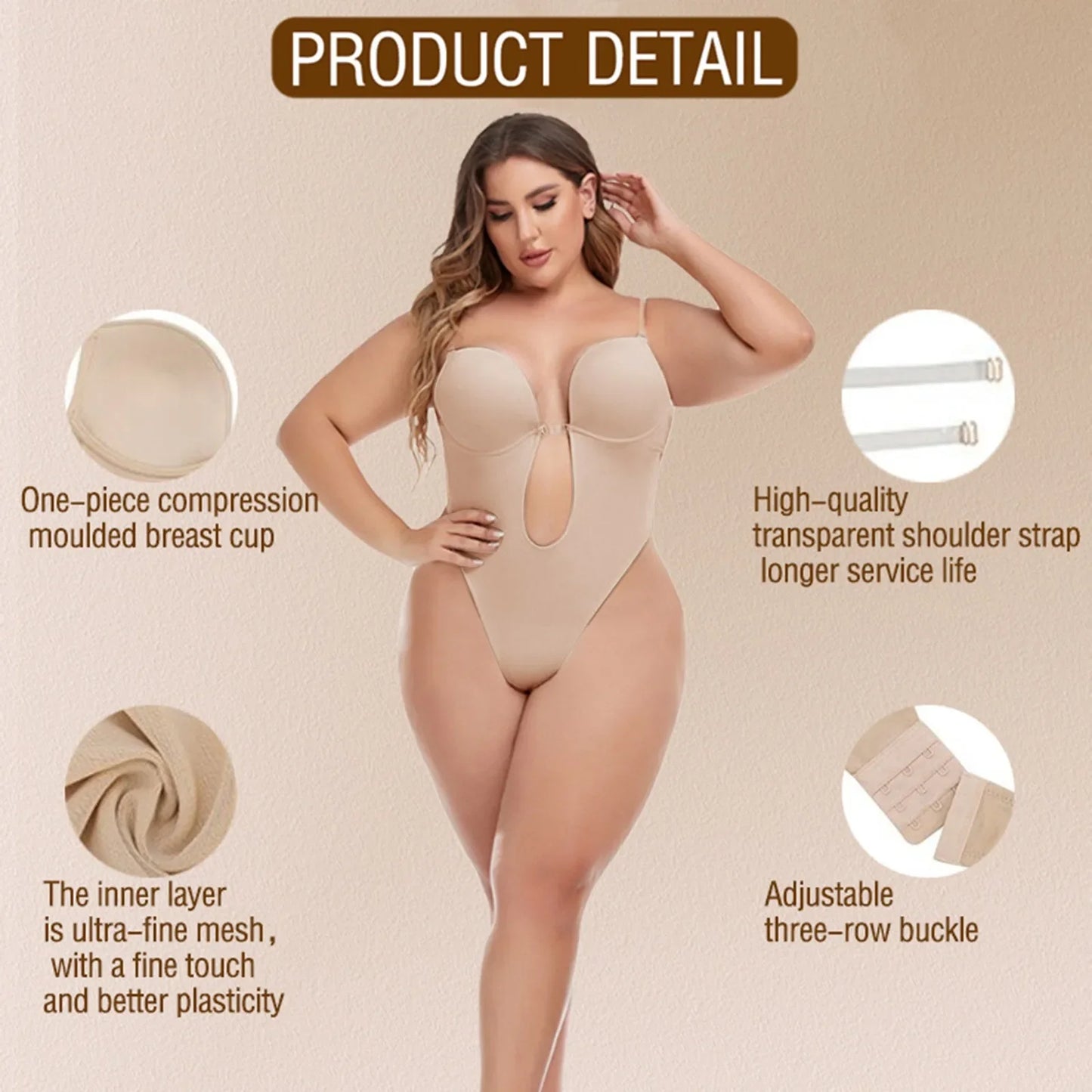 Invisible Shaper Bra Bodysuit Women Corset Backless Deep V U-Plunge Thong Waist Trainer Clear Strap Padded Push Up Shapewear
