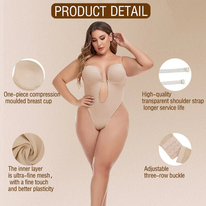 Invisible Shaper Bra Bodysuit Women Corset Backless Deep V U-Plunge Thong Waist Trainer Clear Strap Padded Push Up Shapewear