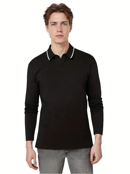 Men's Slim Fit Solid Color Breathable Anti-Wrinkle Polo Shirt Casual Business Long Sleeve Collar Spring Autumn Commute