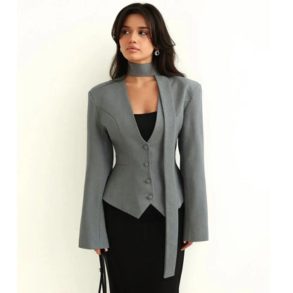 Single Breasted Coat Women's V Neck Scarf With Long Sleeve Waist-Cinching Blazer Jacket Lady Casual Slim Commute Coat