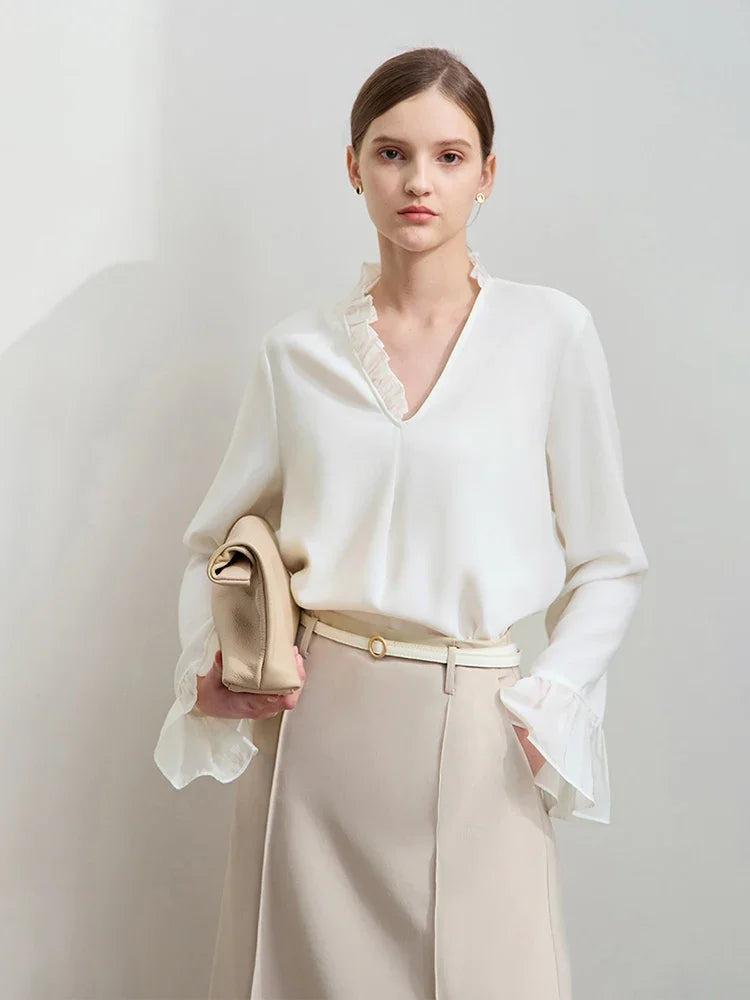 Minimalist Chiffon Shirt For Women 2025 Autumn New Office Lady V-neck Ruffle Splicing Loose Long Sleeved Blouse 12511078