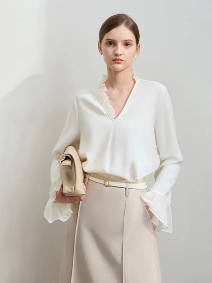 Minimalist Chiffon Shirt For Women 2025 Autumn New Office Lady V-neck Ruffle Splicing Loose Long Sleeved Blouse 12511078