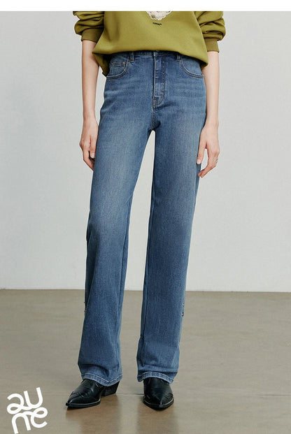 Women Denim Jeans 2025 Autumn New Lyocell Rolling Up Hem Elastic and Simple Straight Leg Ankle Length Pants