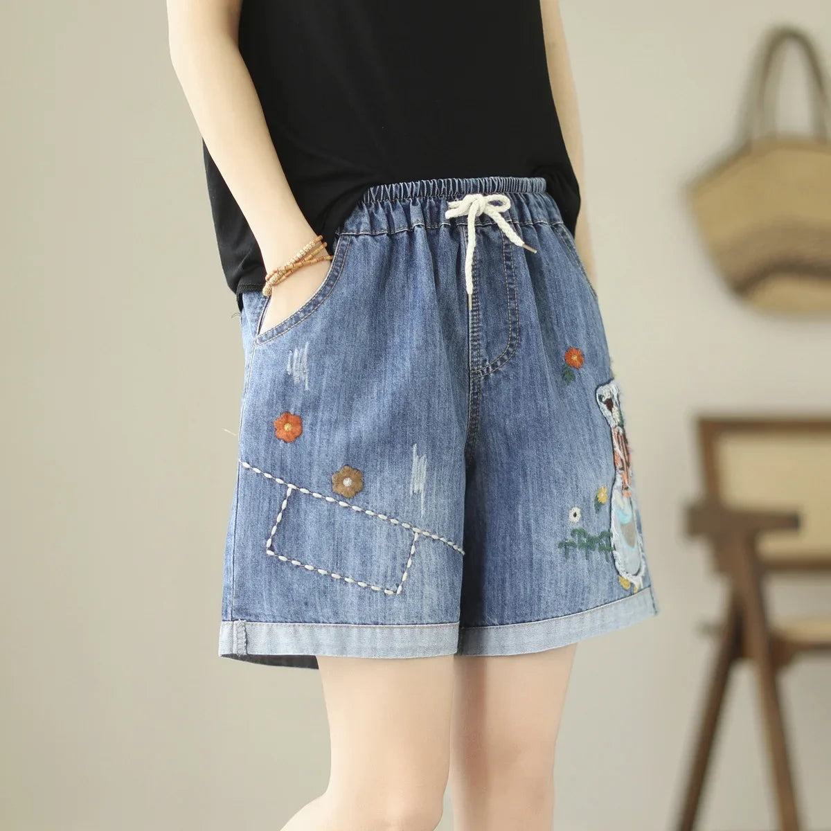 Embroider Shorts Jean For Women Summer Japanese Style Ethnic Elastic Waist Blue Flowers Embroidery Denim Shorts y2k