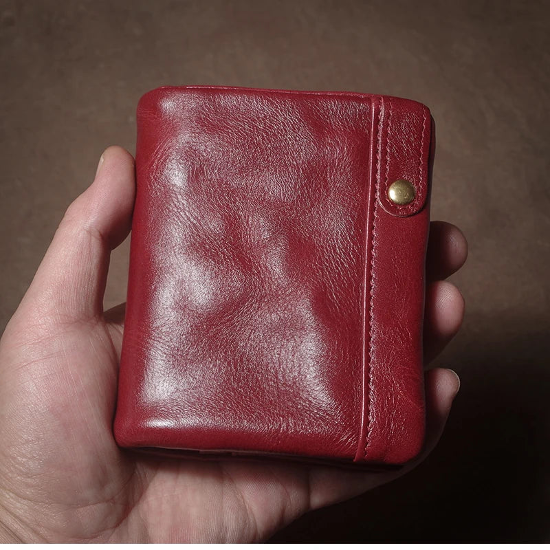 Retro Genuine Leather Short Wallet Men and Women Bifold Money Clip Credit Card Holder with Zipper Coin Pocket Small Purse