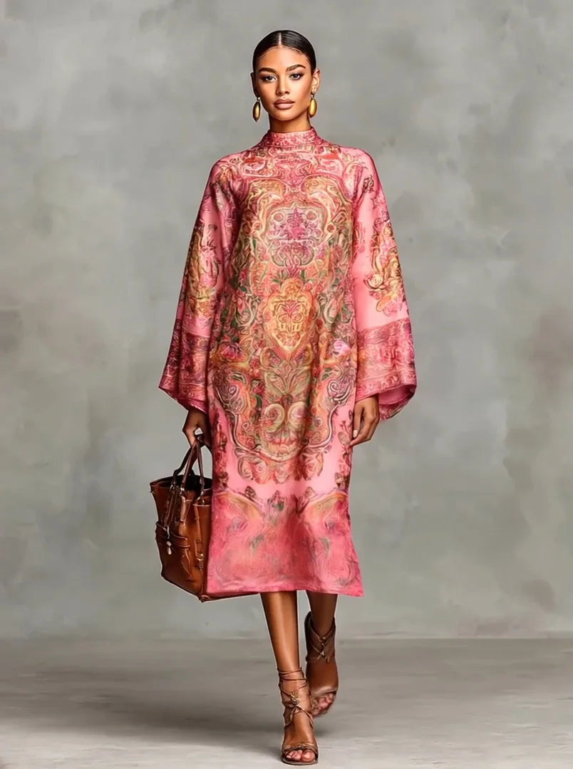 Fashion Print Long Dress Women 2025 Autumn Long Sleeve Loose Half High Collar Maxi Dresses Elegant Robes Femme